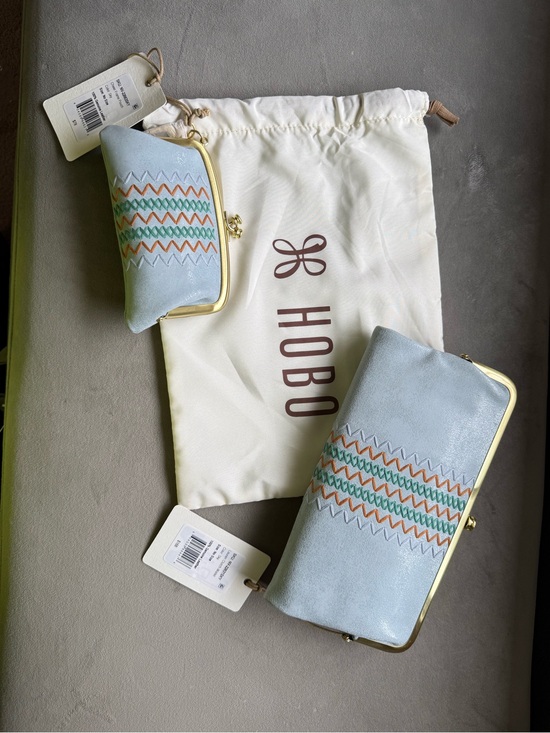 HOBO Handbags - HOBO Light Blue Embroidered Leather Lauren Clutch and Coin Purse Set